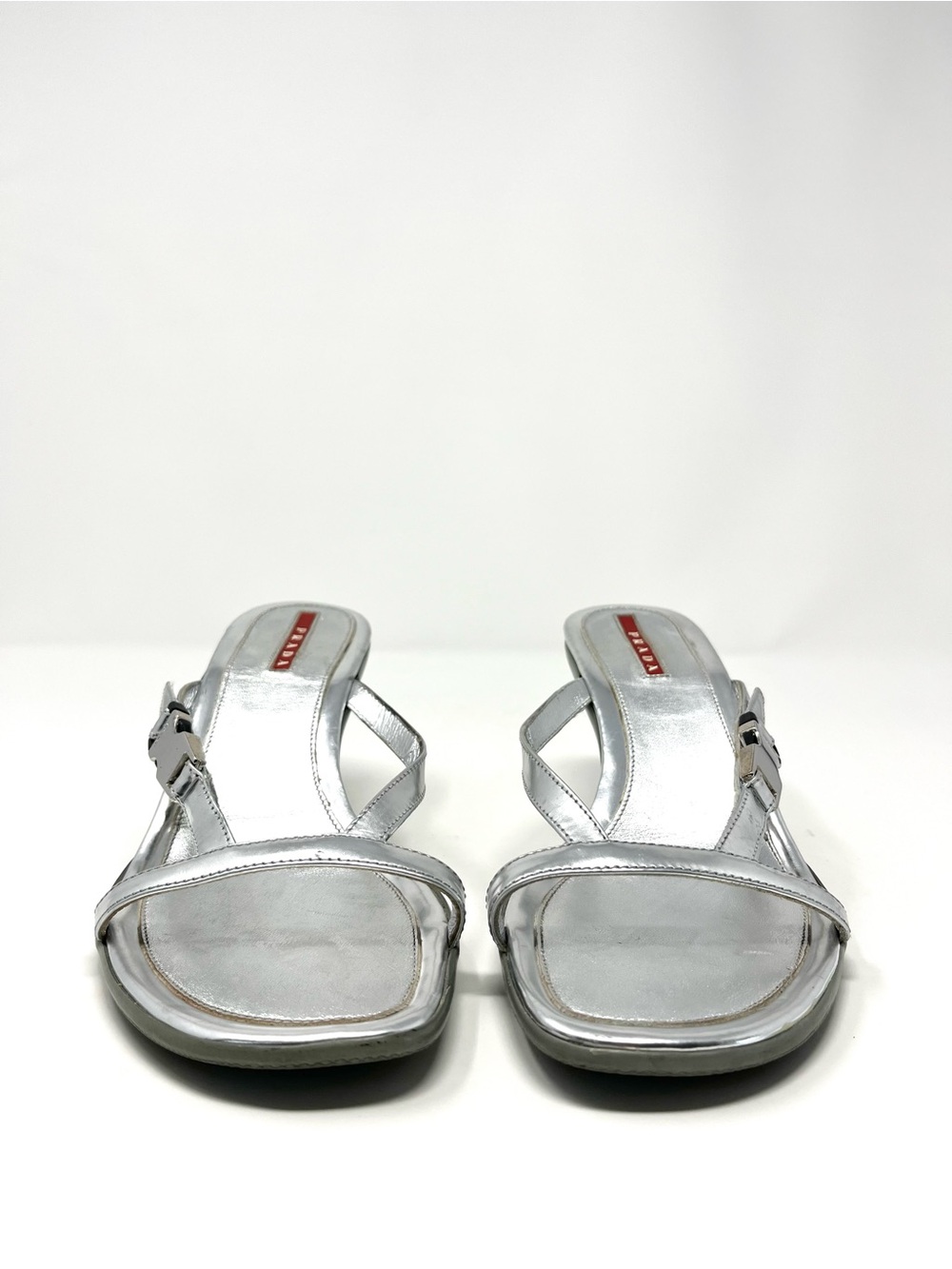 Vintage Prada Y2K Strappy Silver Leather Buckle Sandals Slides Kitten Heels 37.5 - Picture 3 of 9